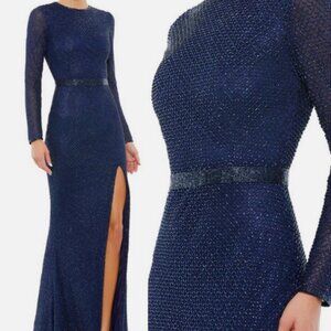 MAC DUGGAL 5056 NWT Blue Beaded Gown with Long Sleeves, Small Train Size 14